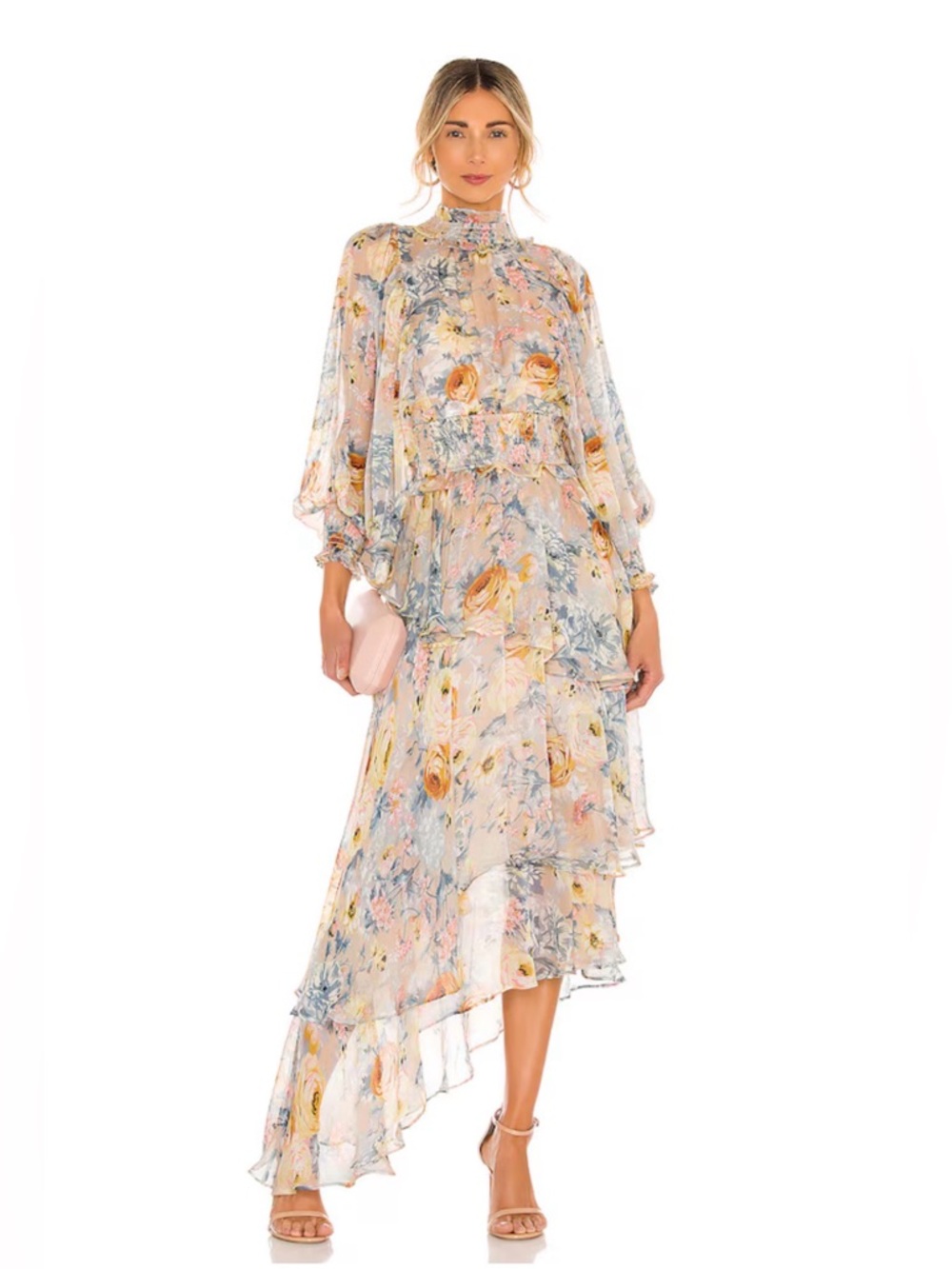 Elliatt Astrid Dress Floral Tiered High-Neck Asymmetric Maxi Pink Sz S